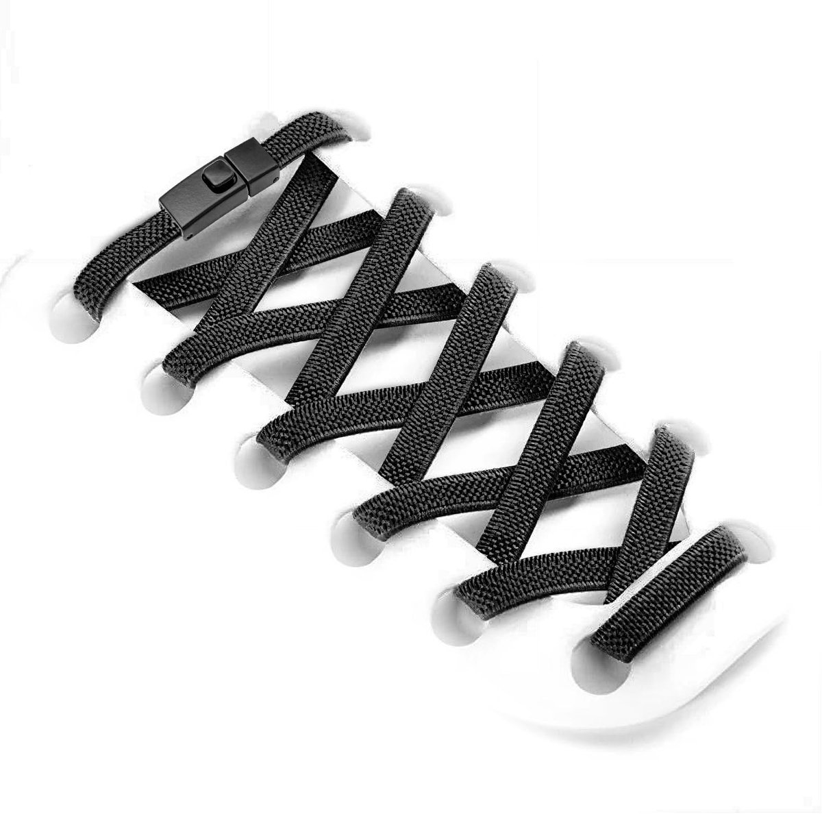 Dailygoods- Schoenveters zonder strikken - Elastische Veters - Snelsluitingsgesp - Platte Veters - Slijtvast Katoen - Zwart 140 cm