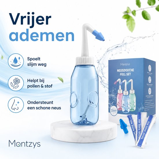 Montzys neusdouche met 3 gekleurde tuiten. Helpt bij pollen en stof. Ondersteunt een schone neus voor vrijer ademen.