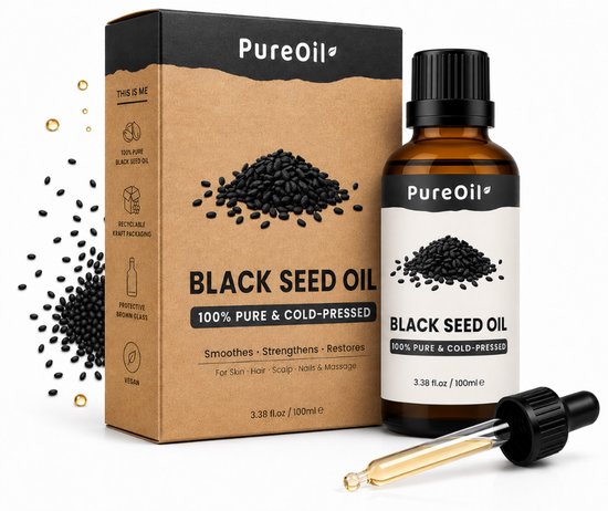 PureOil flesje en doosje zwarte zaadolie, met een stapeltje zwarte zaadjes en een pipet. Koudgeperst, 100% puur.