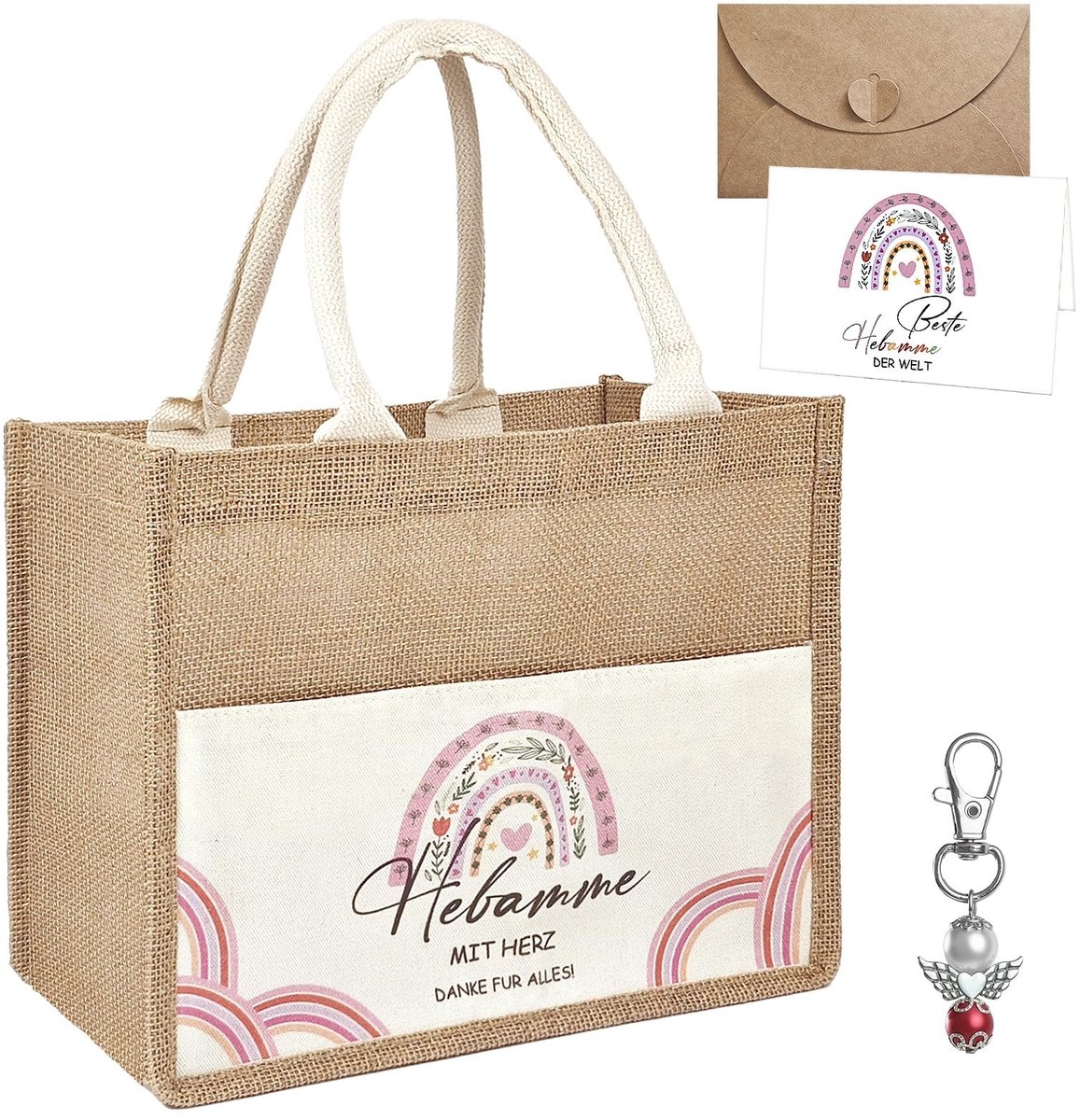 Dailygoods - VINEST Set van 4 verloskundige geschenkjes, jute tas, stoffen tas van hennep, afscheidsgeschenk collega, herbruikbare draagtas met sleutelhanger, envelop voor afscheid, pensioen, ziekenhuis