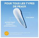 Een druppel witte crème met de tekst "POUR TOUS LES TYPES DE PEAUX", "HYALURON" en "ANTIOXYDANT PUISSANT : LICOCHALCONE A".