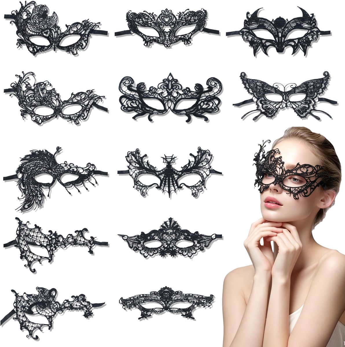 Dailygoods - 12 Stuks Venetiaanse Masker voor Dames, Zwart Kanten Maskerade Masker, Venetiaans Kanten Maskerbal voor Carnaval Kostuum Cosplay Feest