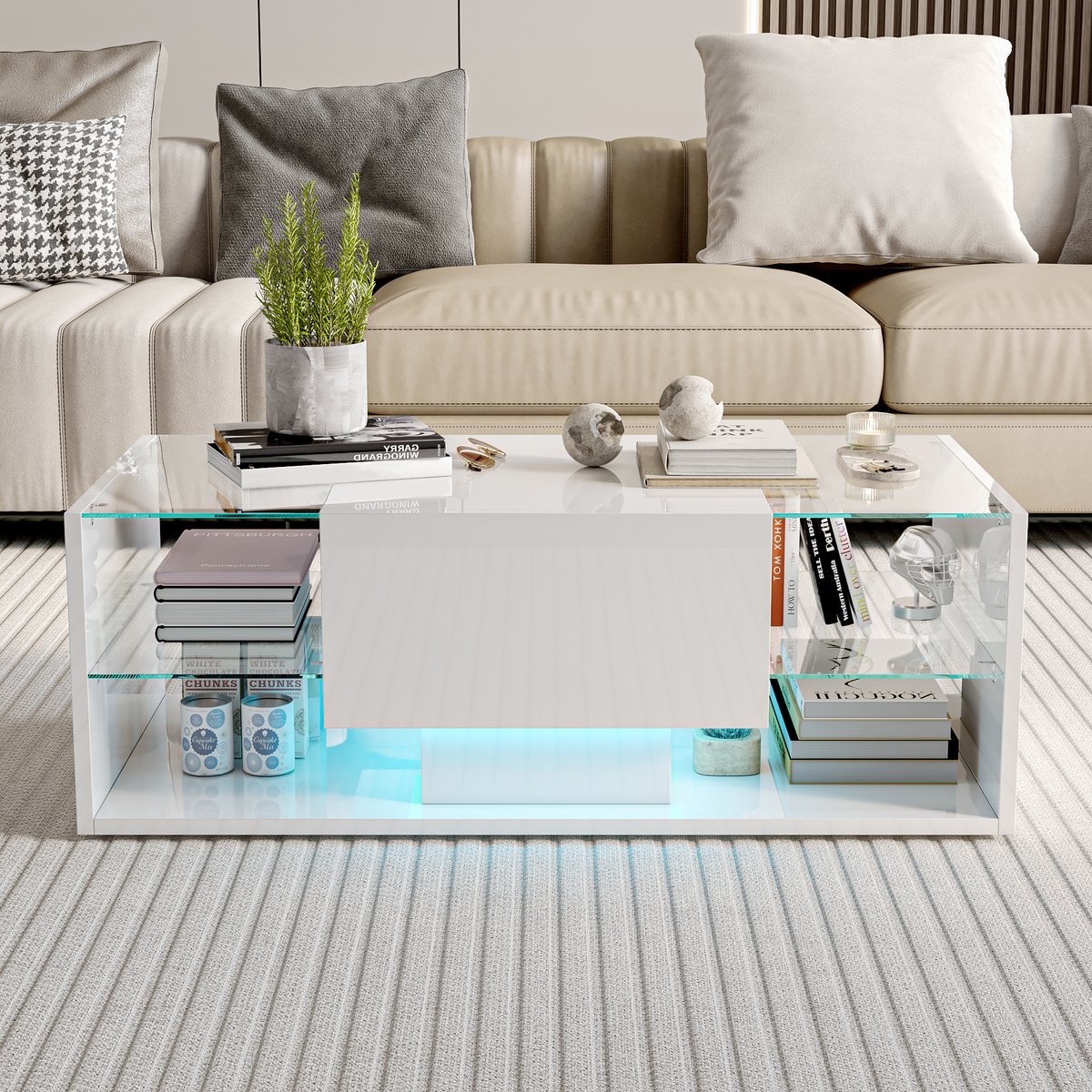 ROSAHQNDA Salontafel 100x50x35 cm met led verlichting, moderne koffietafel met 1 lade en opbergruimte, hoogglans tafel met gehard glas, mdf wit