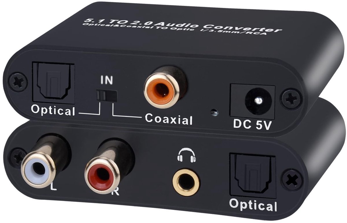 5.1 Digitale Audio Converter voor Optische Toslink en Coaxiale SPDIF naar RCA L/R en 3.5mm Aux, Ideaal voor Geluidsverbetering en Thuisbioscoop