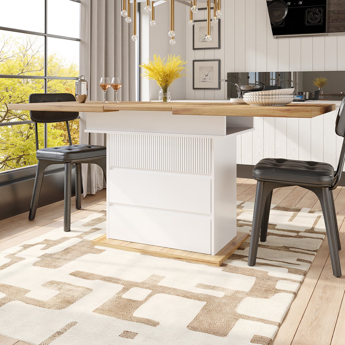 MEUNIQ uitschuifbare eettafel 110-140 x 80 cm, opklapbaar, met verborgen opbergruimte, MDF en metaal, voor keuken en woonkamer, wit