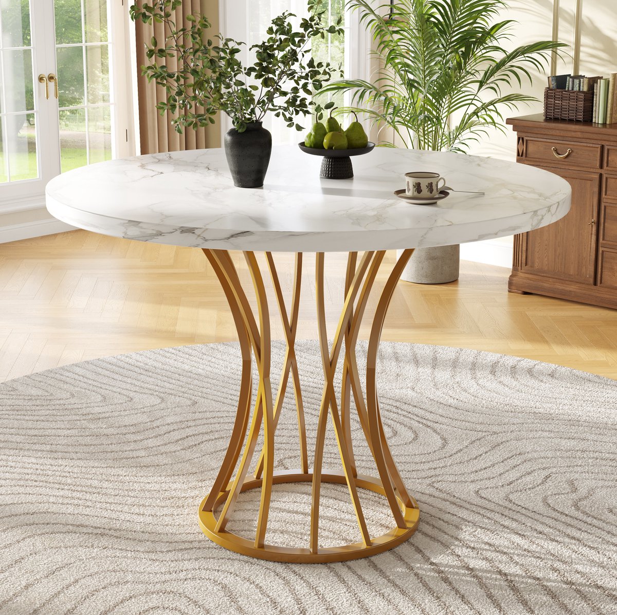 MEUNIQ ronde eettafel 80 x 80 x 76 cm, MDF tafelblad met marmerlook, metalen onderstel en verstelbare poten, voor eetkamer of woonkamer, goud