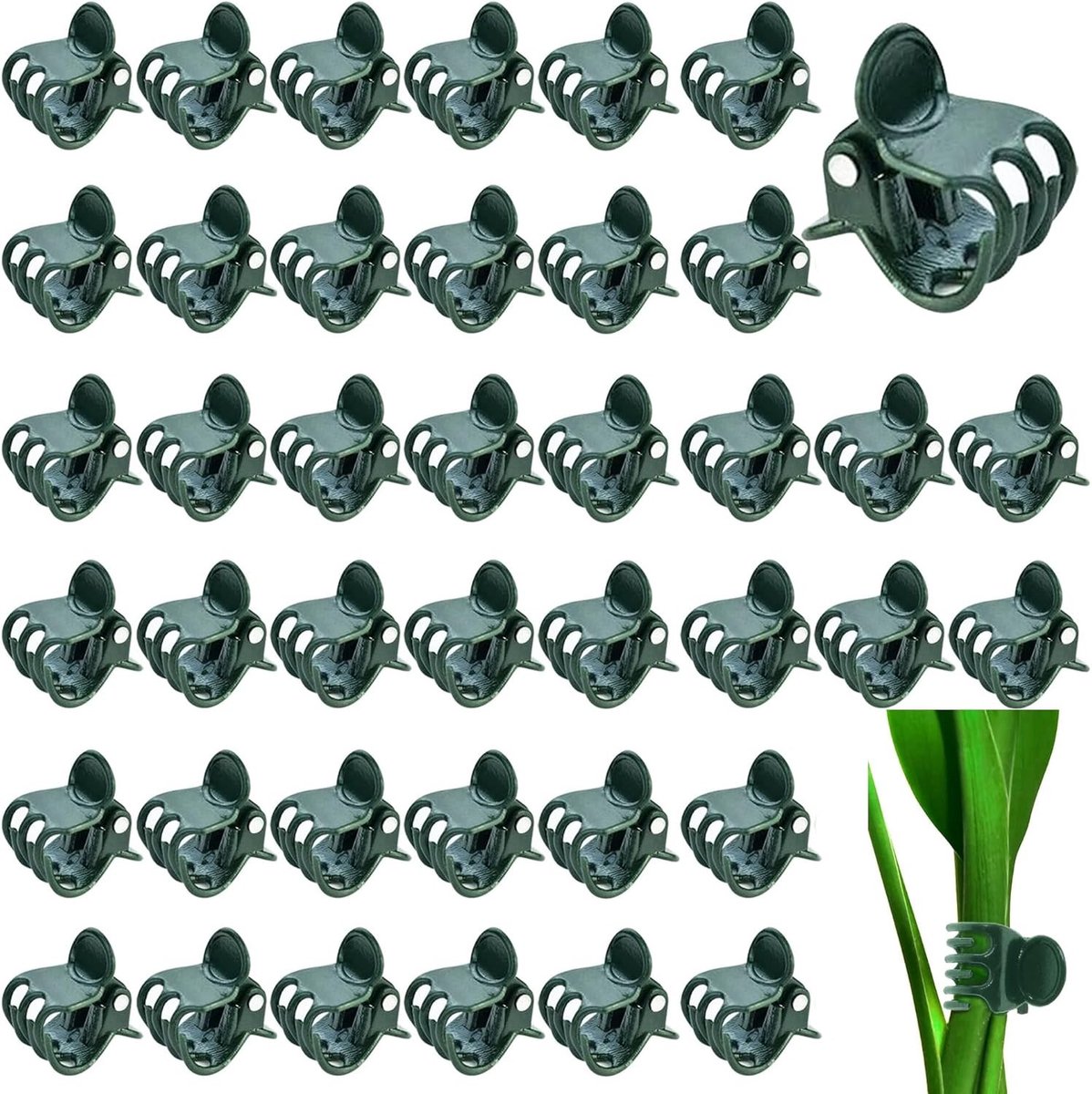Pack van 100 Plant Clips voor Orchideeën, 1.5 cm, Donkergroene Plastic Clips voor Plantondersteuning en Bevestiging