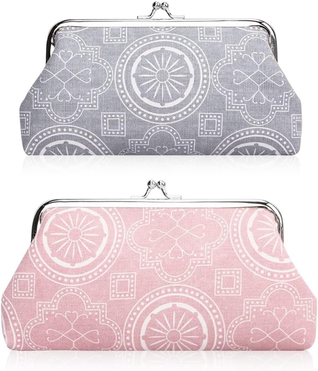 Grote Muntentas met Kussenslot - Canvas Geld- en Make-up Tas - Vintage Pouch voor Dames en Meisjes in Roze en Grijs - Perfect voor Dagelijks Gebruik en Reizen