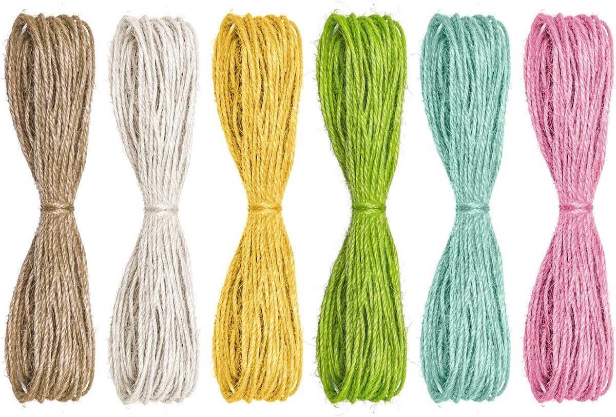 6 Bundels van 10m Multi-Kleurige Jute Touw, Decoratieve Jute Ribbon, Natuurlijk Jute Touw voor Tuinieren, Handgemaakte Ambachten en Cadeauverpakking