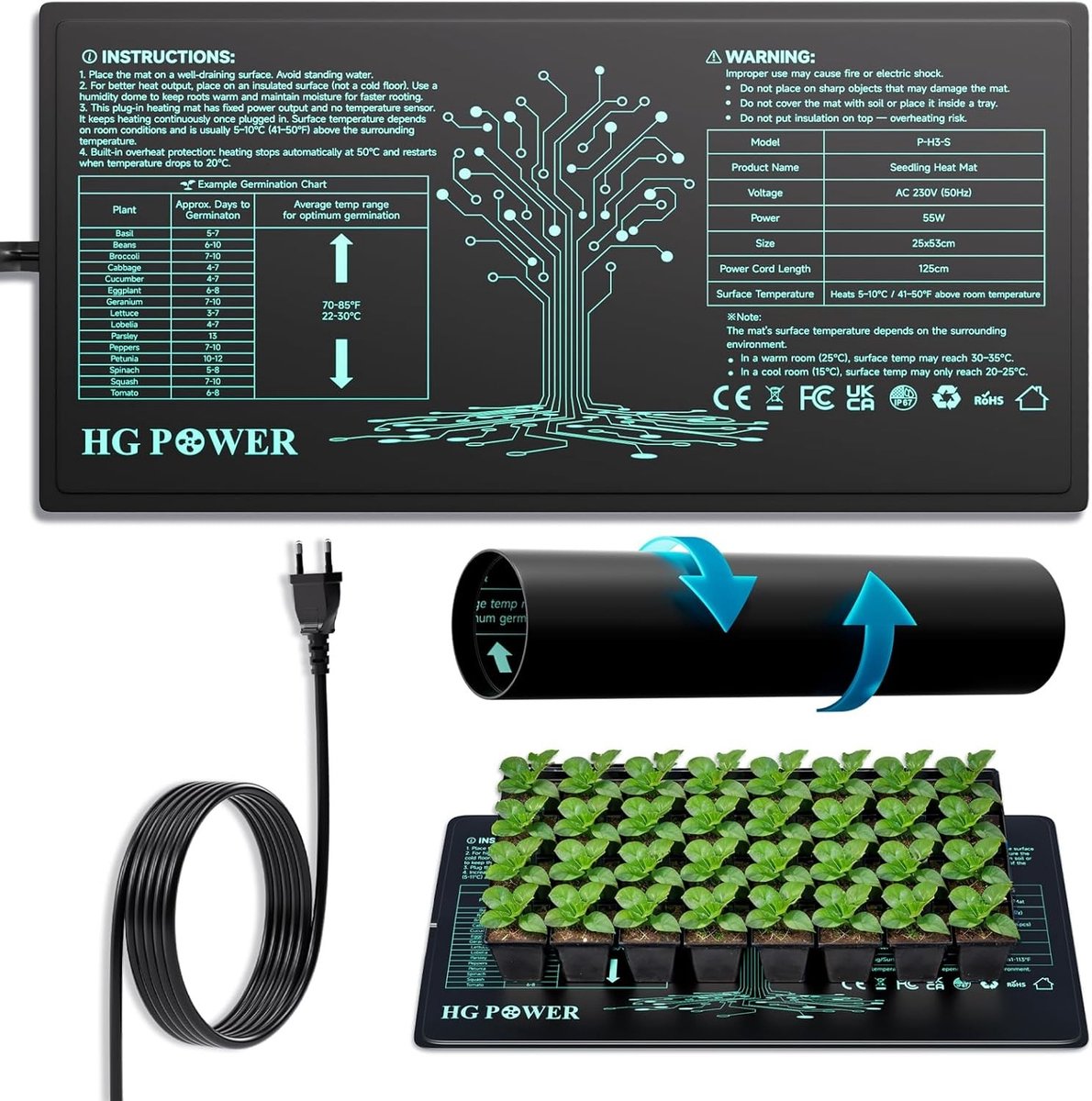 Verwarmingsmat voor Terrarium, Kweekbox en Serre met Oververhittingsbeveiliging, 53 x 25 cm, 55 W zonder Thermostaat