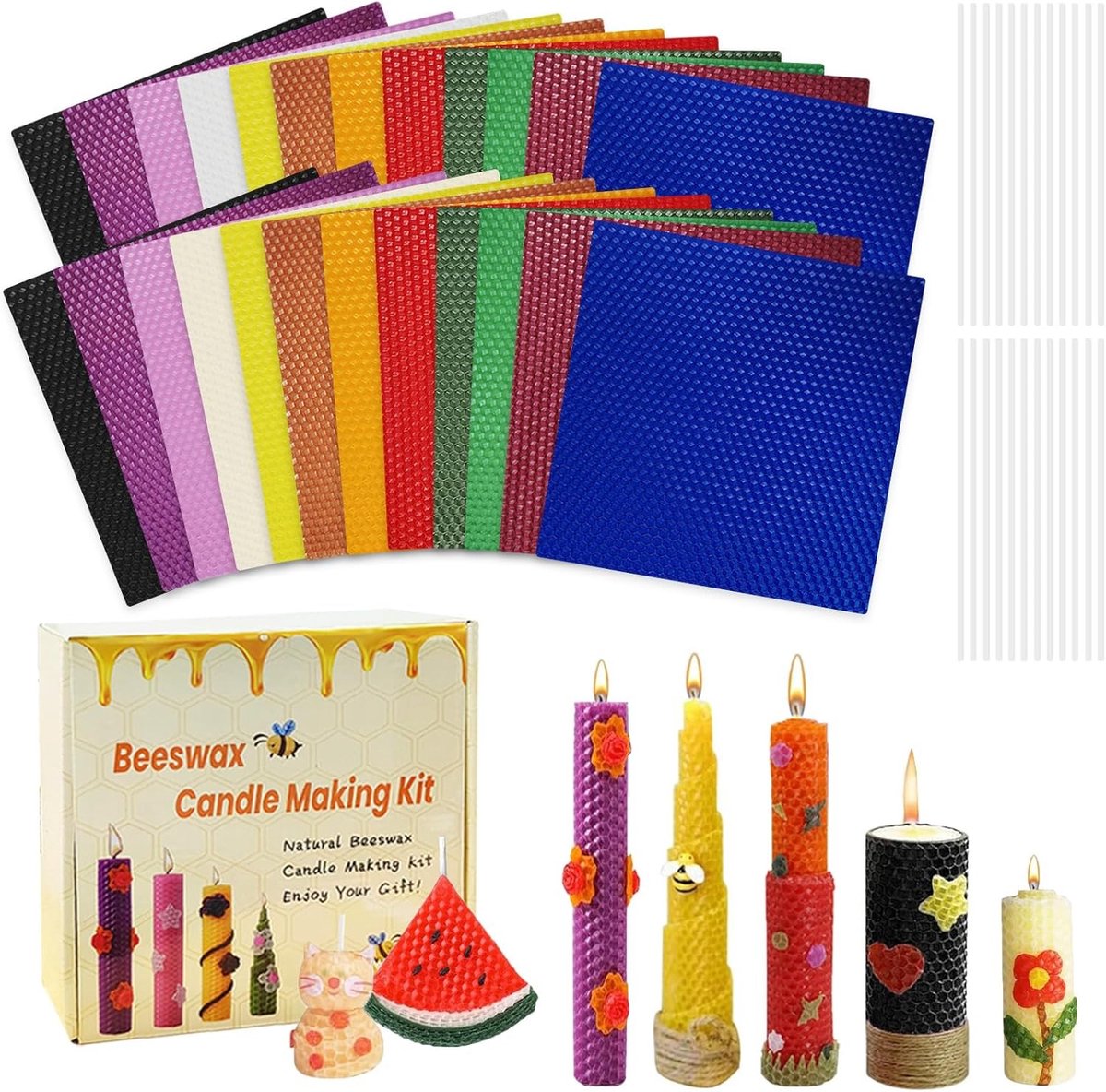 Beeswasplaten voor Kaarsen Maken - DIY Set met 24 Kleuren (20 x 20 cm) en 24 Lontjes voor Volwassenen en Kinderen
