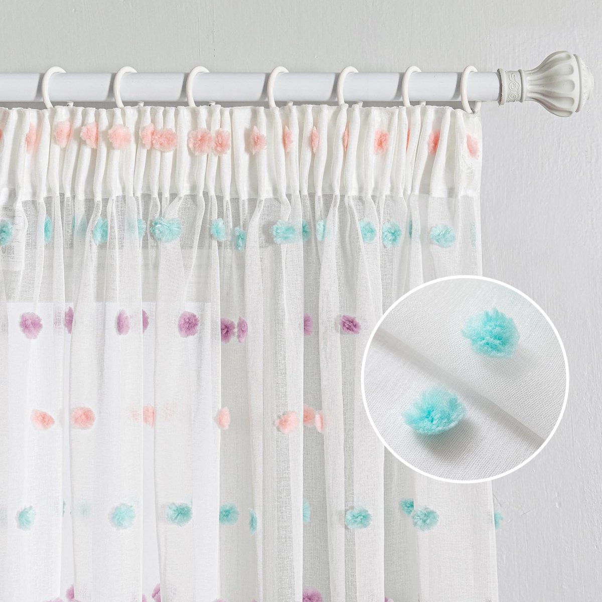 SnelShoppen - Gordijnen set van 2, plooiband vitrage voor kinderkamer, woonkamer en slaapkamer, regenboog met borduurwerk, transparant en decoratief,