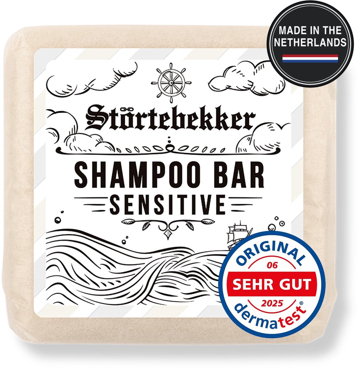 Störtebekker® Premium Shampoo Bar Sensitive - pH-neutraal & milde vaste shampoo - vaste douchezeep milde reiniging zonder uit te drogen - Hydraterende shampoo voor een droge hoofdhuid - vegan & handgemaakt - 100 g Sensitive Shampoo Bar