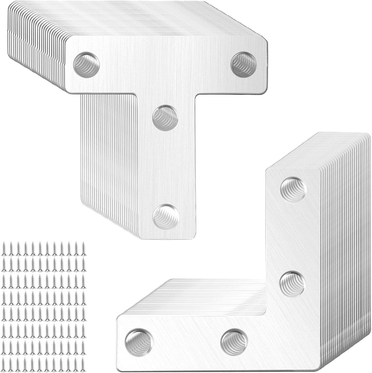 Set van 60 hoekverbindingen, 90 graden, zilver, roestvrij staal, L- en T-vormig, 50 x 50 mm, inclusief 240 schroeven voor meubels en houtverbindingen, ideaal voor doe-het-zelf projecten en meubelassemblage
