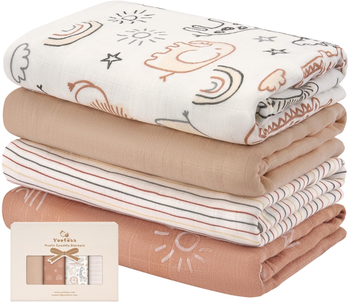 SnelShoppen - Set van 4 Inbakerdoeken voor Baby's, 120 x 120 cm, Katoen en Bamboe, Wikkeldoek, Swaddle Deken, Babydeken, Inbakerdeken, Muildoeken, Bad