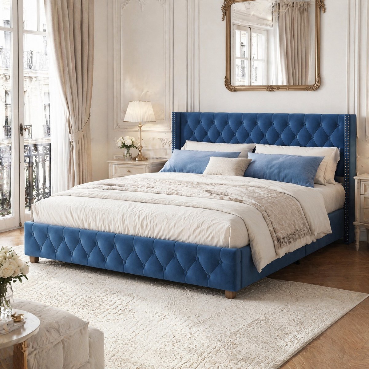 COVREO Bedframe 160x200 cm - blauw, velvet, lattenbodem, zonder matras