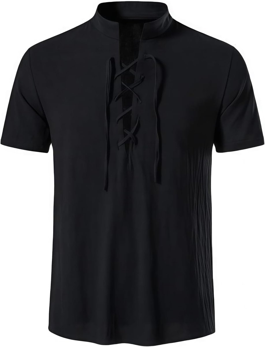 Korte Mouwen Katoen Linnen T-Shirt voor Mannen in Middeleeuwse Steampunk Stijl met Vetersluiting en Losse Pasvorm voor Vintage Carnavals en Viking Evenementen
