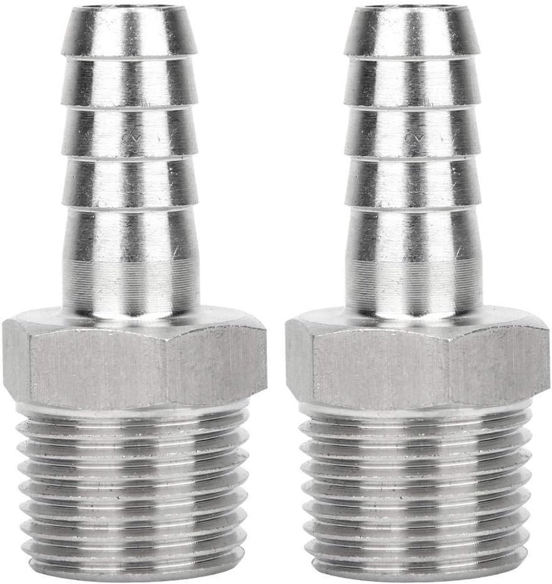 Set van 2 RVS Slangverbindingen, Rechthoekige Adapter, Mannetje BSPT/G Draad x Metrische Barb - Voor Slangen van 1/2" tot 10mm