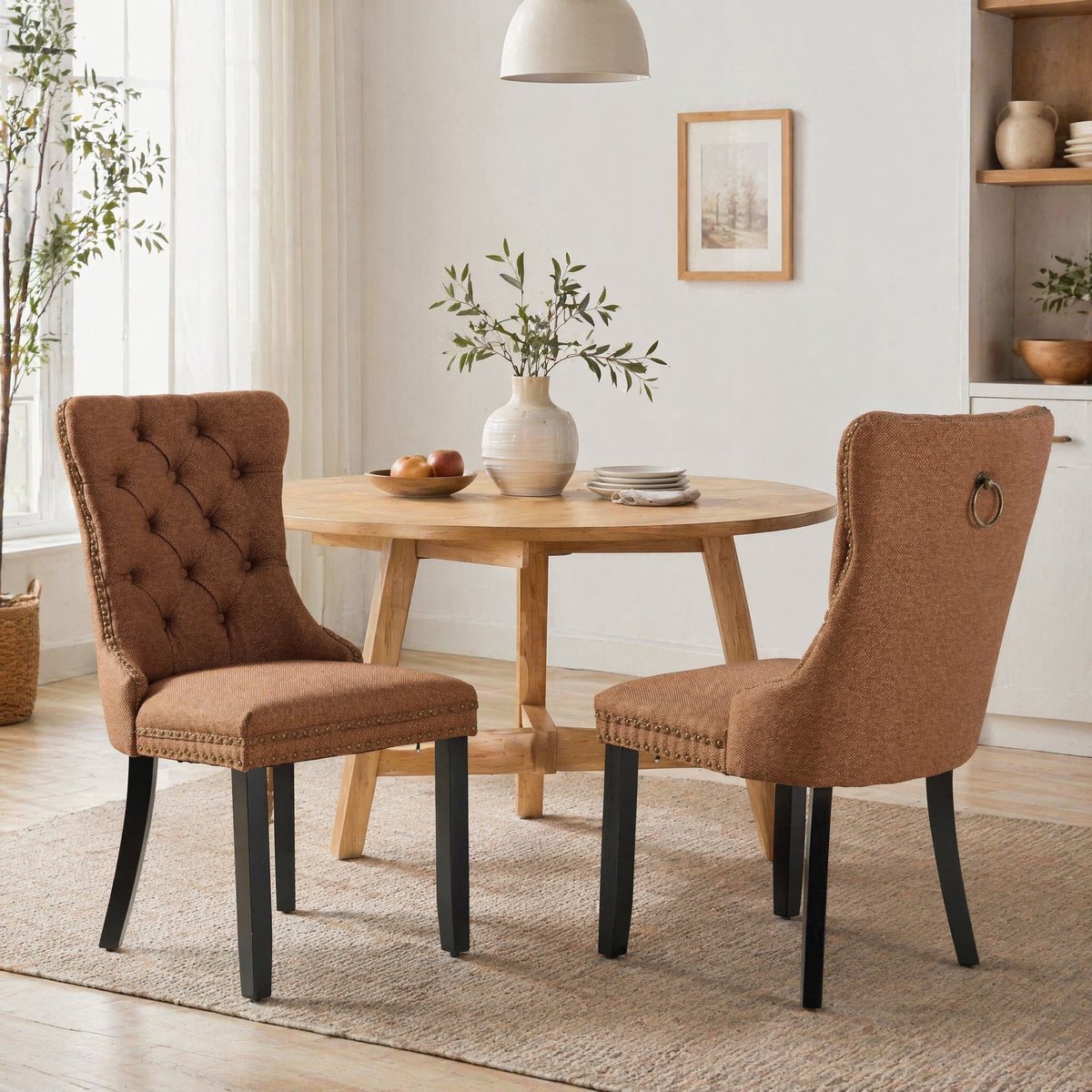 MEUNIQ eetkamerstoel set van 2 met hoge rugleuning, gecapitonneerde stof, siernagels en houten poten, 95 x 62 cm, bruin, voor eetkamer en woonkamer Coffee