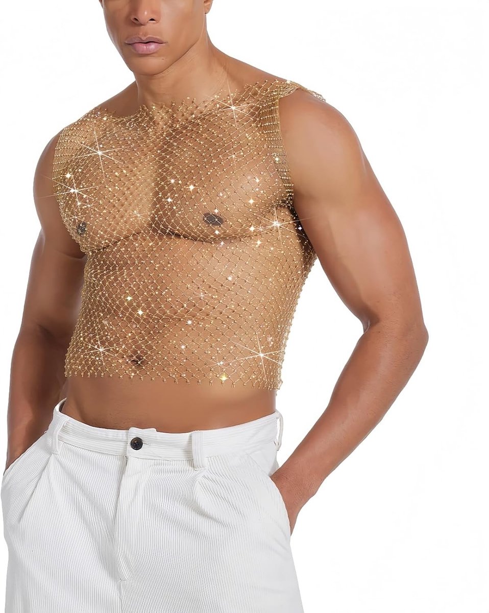 Sexy Glitter Fishnet Crop Top voor Mannen - Transparante Mouwloze Shirt met Gatpatroon voor Feestjes, Muziekfestivals en Raves