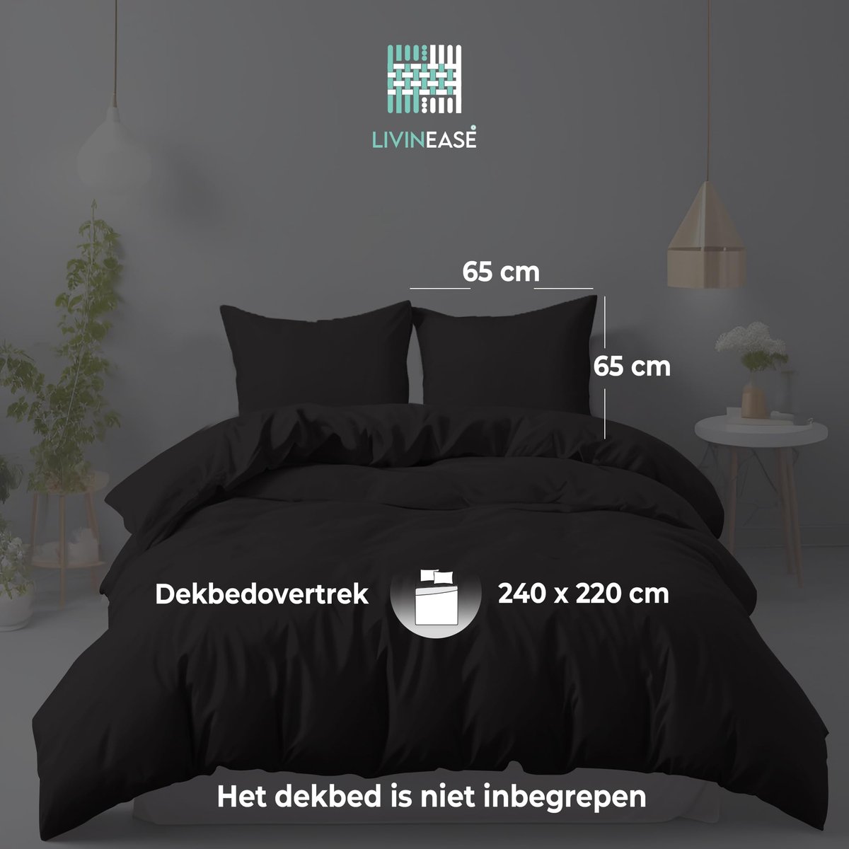 SnelShoppen - Geborstelde Microvezel Dekbedovertrekset 240x220 cm - Hypoallergeen Zwart Dekbedovertrek met 2 Kussenslopen 65x65 cm - Hotelkwaliteit On