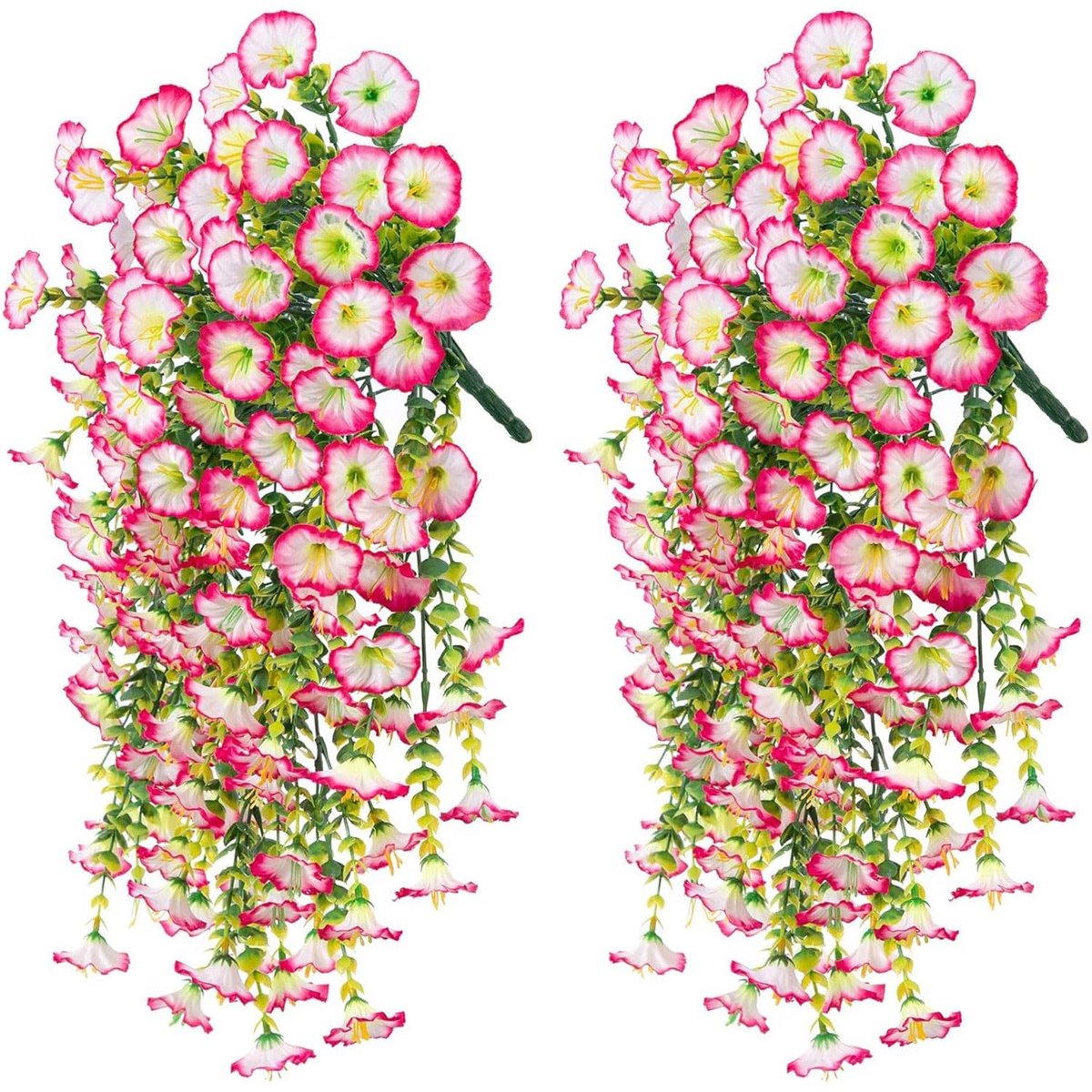 Kunstmatige hangbloemen voor buiten, zomerdecoratie, 2 stuks upgrade UV-bestendige kunstzijden hangplanten voor buiten, tuin, veranda, raam, woondecoratie