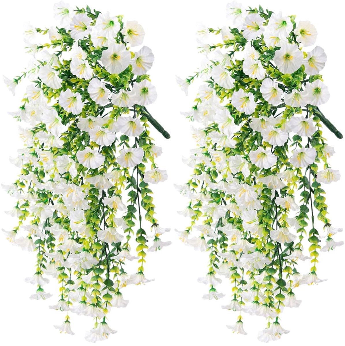 Flintry 2 stuks realistische kunstbloemen van Morning Glory, uv-bestendige hangende kunstmatige Morning Glory-ranken, 75 cm realistische kunstzijde voor op de veranda of het terras Wit