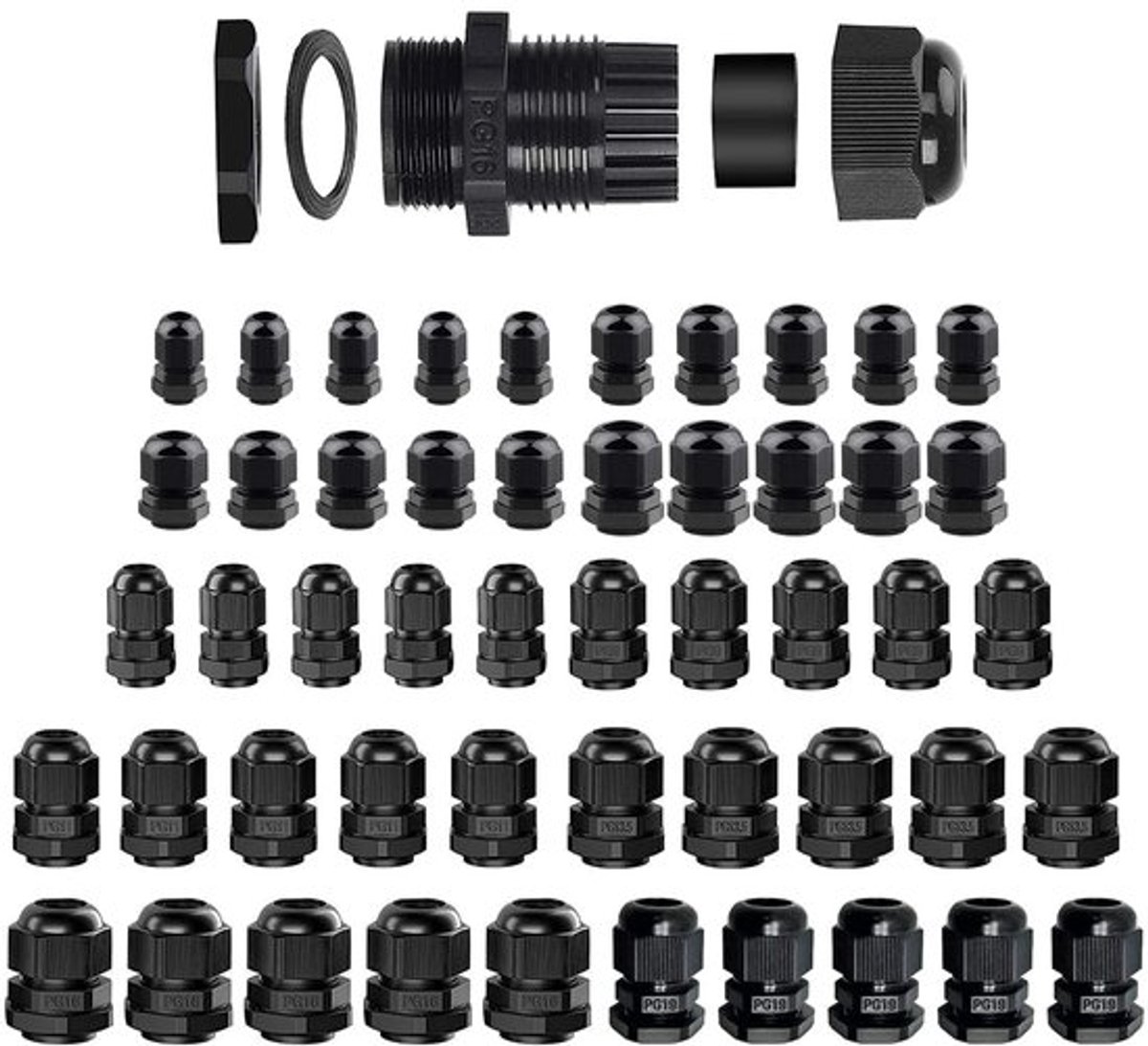 Kabelwartel set - Waterdicht en verstelbaar - Zwart - Kabelwartels M12 M16 M20 M25 PG7 PG9 PG11 PG13,5 PG16 PG19 - Geschikt voor verschil...
