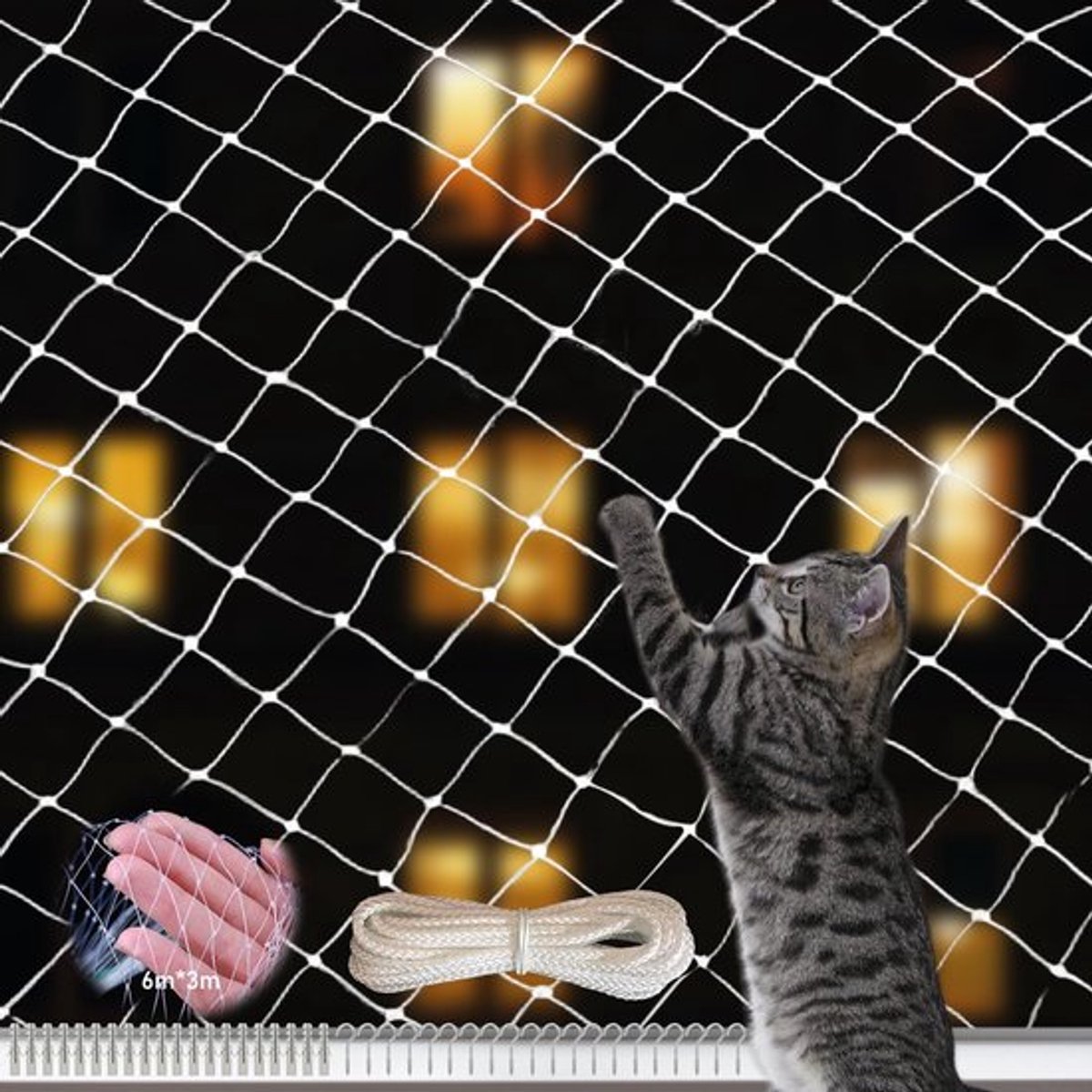 Kattennet 6 x 3 m - Transparant Balkonnet - Antival Omheining - Duurzaam Mesh - Herbruikbaar - Ideale Maaswijdte 25 x 25 mm - Dierennet