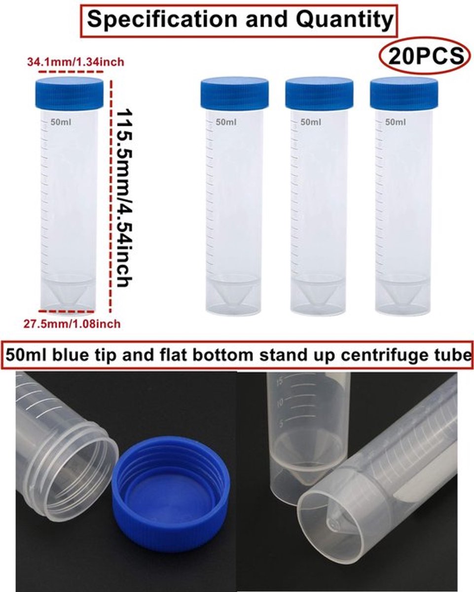 Reageerbuizen 50 ml - 20 Stuks - Kunststof - Schroefsluitingen - Conisch/Platte Bodem - Geschikt voor Laboratoriumexperimenten - Laboratoriumbuis