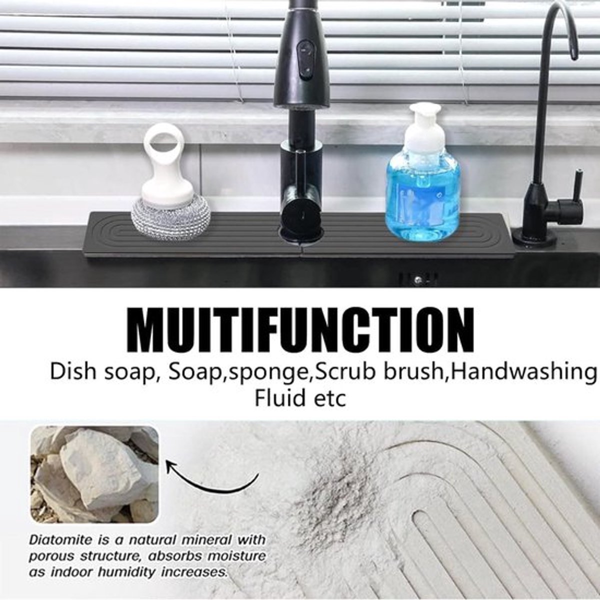 Afdruipmat Waterabsorberend - Gootsteenmat - Tray Voor Keuken/Badkamer - Sneldrogende Steen - Donkergrijs - 60 x 10 cm - Keukenmat