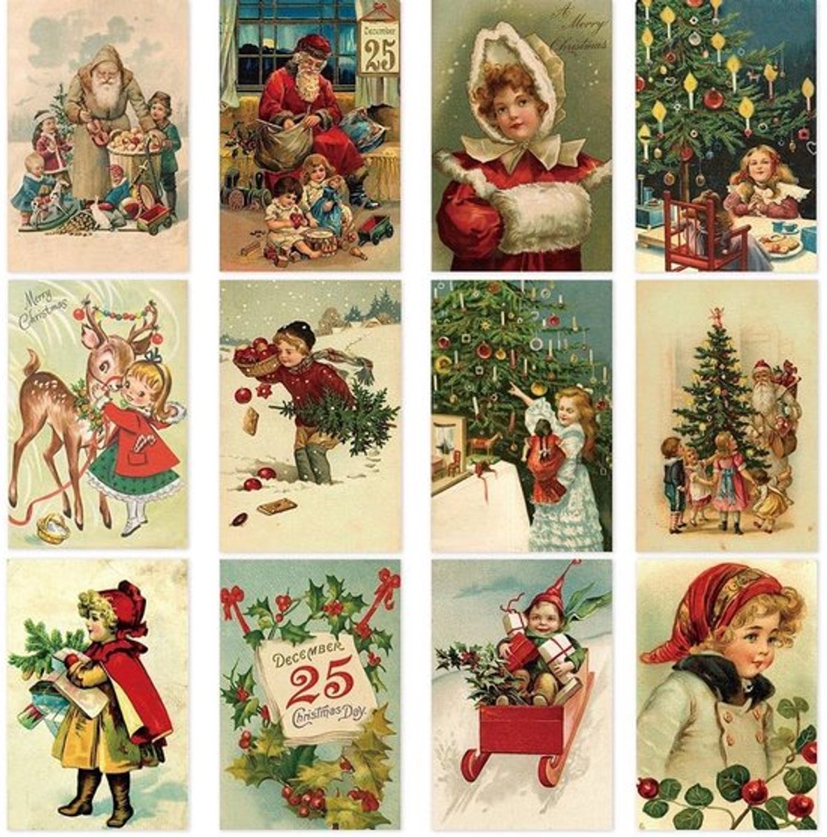 Vintage kerstkaarten - 12 stuks - Perfect voor Kerst - Antieke postkaarten set - Unisex - Kerstgroeten