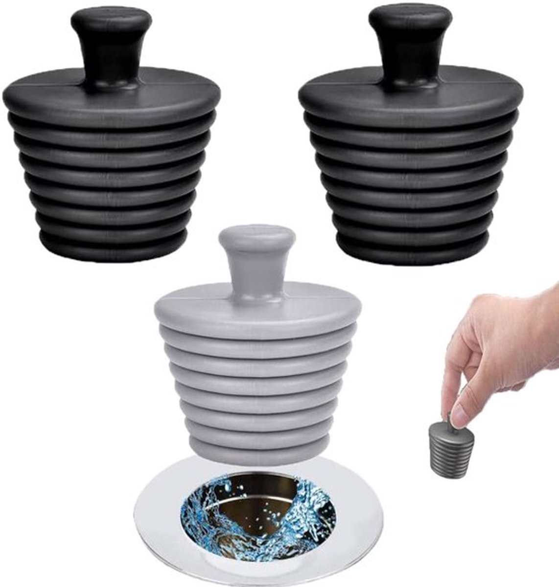 3 stuks gootsteenafvoerstop, universele spoelbakstop, siliconen stop, universele siliconen gootsteenstop, universele stop, spoelbak voor keuken, bad en wastafel (zwart, grijs)