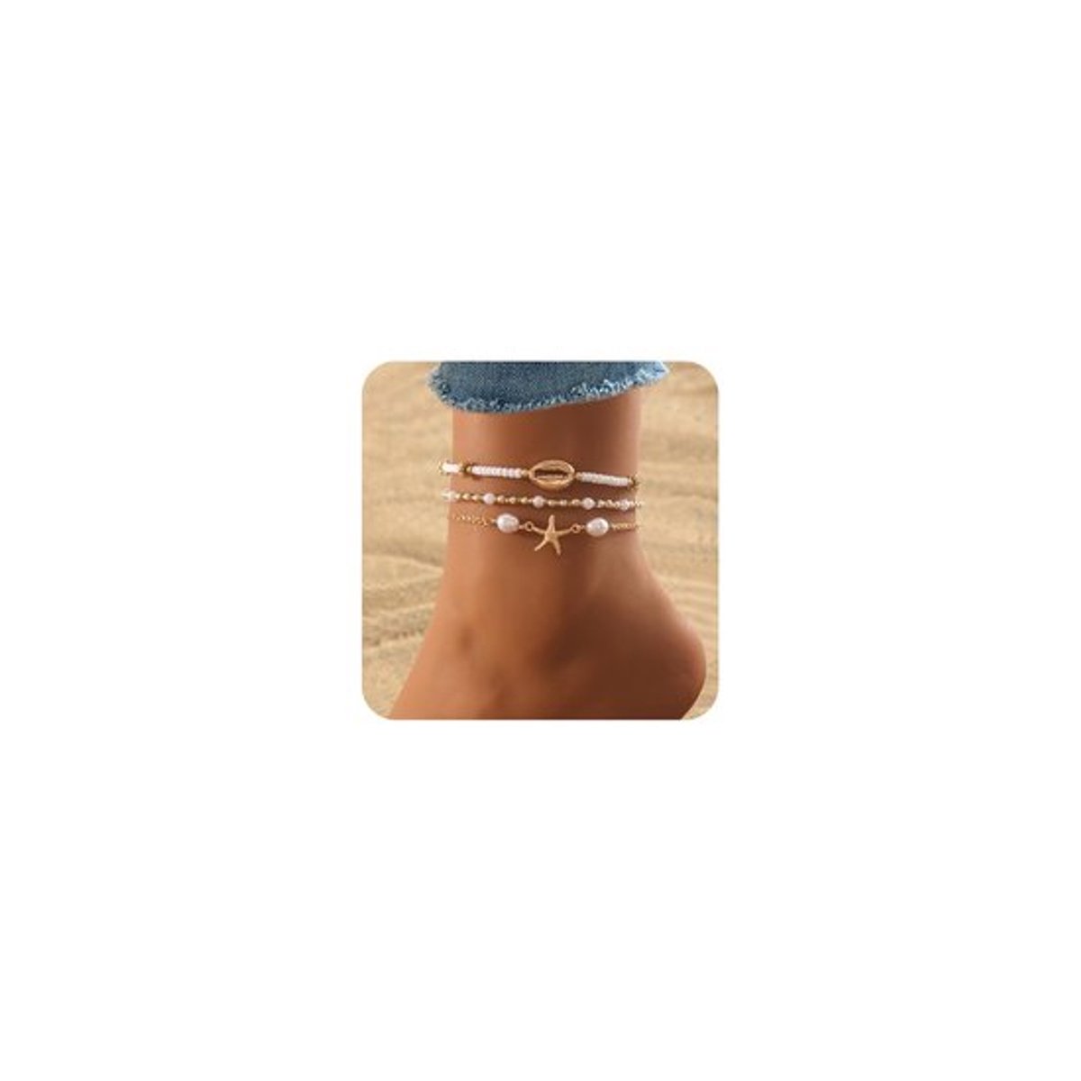 Schelpen-enkelketting - Parel-schelpenketting - Boheemse stijl - Veelkleurig - Zeester-sieraden - Perfect voor de zomer - 3-delig