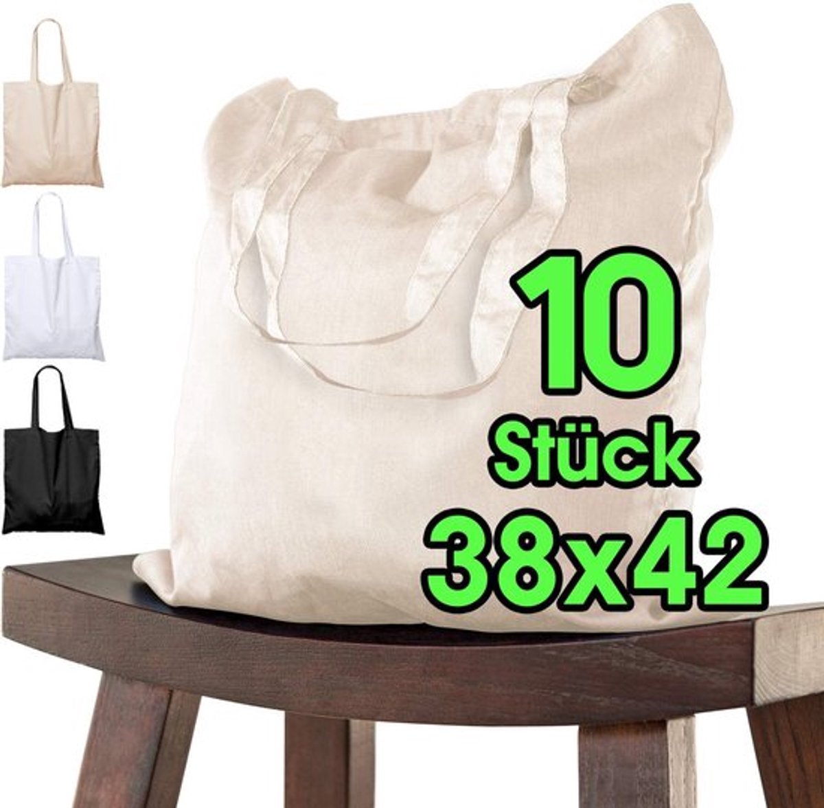 Opvangzak 38x42 cm - 10 Stuks Natuur - Katoenen Tas - OEKO-TEX® Gecertificeerd - Draagtas - Stevig 140 g/m² - Boodschappentas