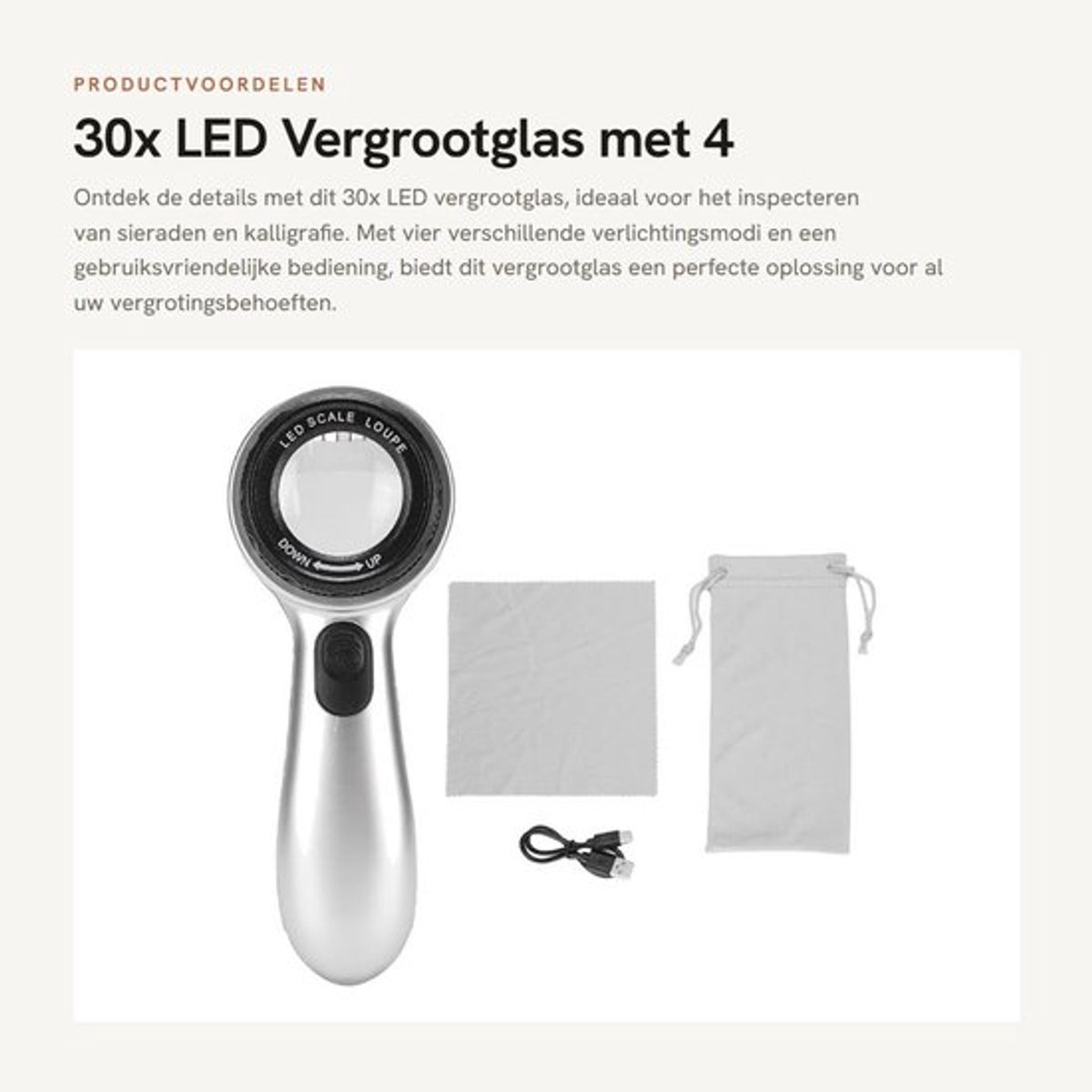 30x LED Vergrootglas met 4 Verlichtingsmodi voor Sieraden en Inspectie