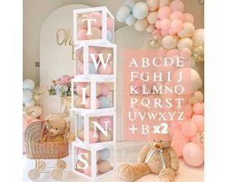 SnelShoppen - Baby Shower Decoratie Boxen voor Jongens en Meisjes, 5 Stuks Transparante Baby Boxen 25cm met 54 Letters voor Baby Shower, Verjaardag, D