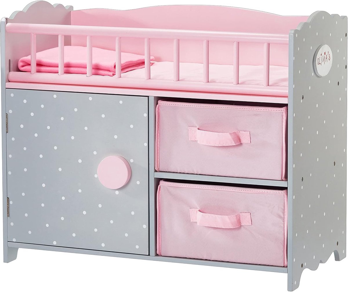 SnelShoppen - Teamson Kids Babydoll Bedje en Opbergkast - Poppenaccessoires - Kinderspeelgoed - Roze/Grijs/Spots - Houten Crib en Verschoontafel voor