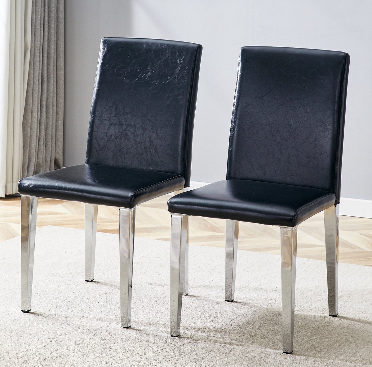 MEUNIQ Set van 2 eetkamerstoelen 90 cm met hoge rugleuning, kunstleren zitting en zilverkleurige metalen poten, modern minimalistisch voor eetkamer of woonkamer Black+Silver