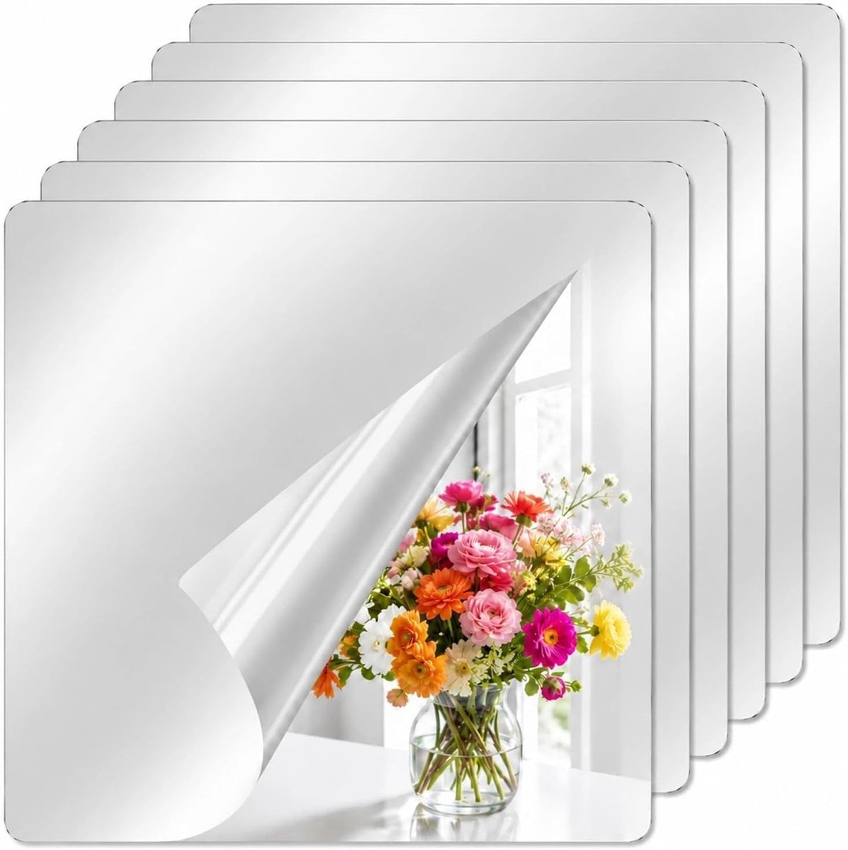 Set van 6 Zelfklevende Acryl Spiegels 20 x 20 cm voor Badkamer, Wand, Deur en DIY Projecten