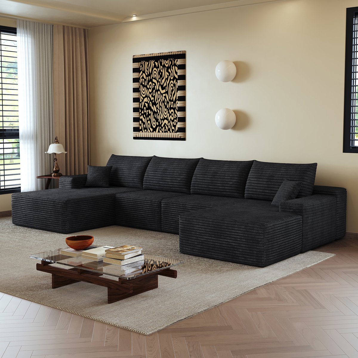 OKWISH Hoekbank 340 cm - 5-Zits Modulaire Bank Met L-Vormige Chaise Longue En Diepe Zitting - Zonder Montage - Ribfluweel - Zwart