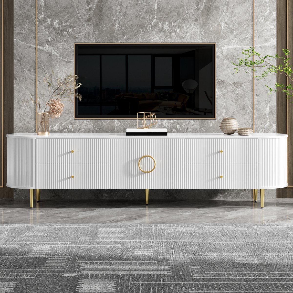 DESMIU Tv-Meubel - Driedimensionale Golfstructuur Met Laden En Kabeldoorvoer - Voor Woonkamer - MDF - 180x40x38 Cm - Wit