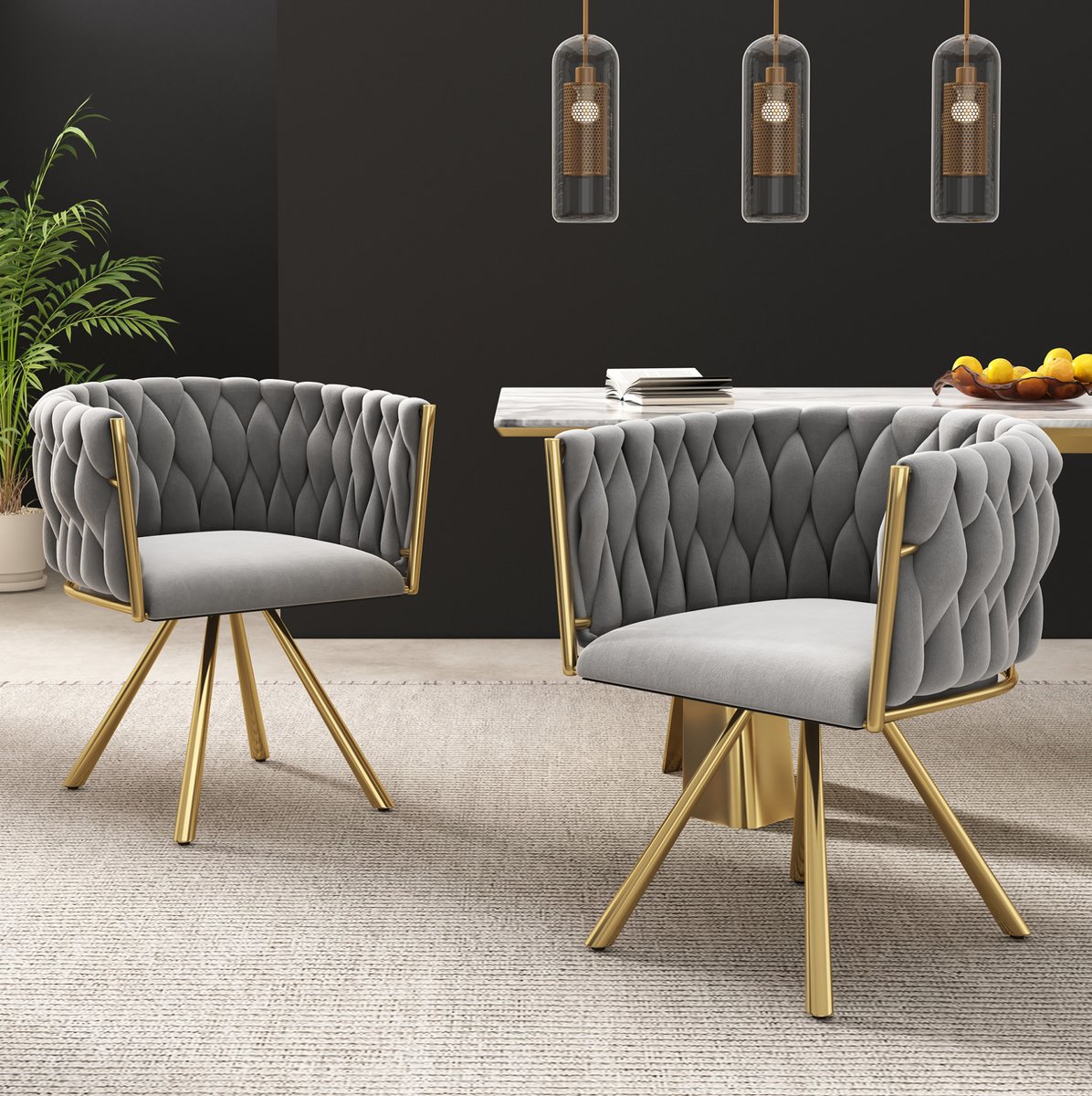MEUNIQ eetkamerstoel set van 6 draaibaar velvet met armleuningen en gouden metalen poten,