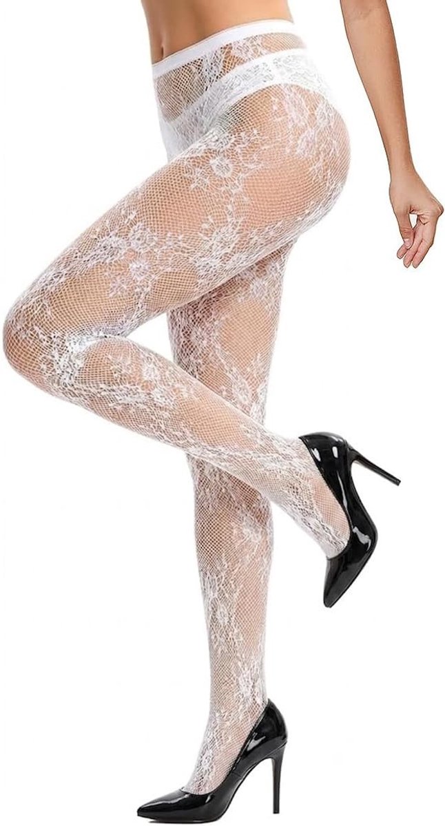 Witte Netkous Dames met Bloemenpatroon - Hoge Taille Panty voor Feest, Bruiloft en Cosplay, Sexy Franse Stijl Kousen met Elastische Pasvorm