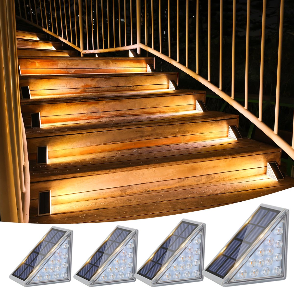 SnelShoppen - Set van 4 Waterdichte Zonnelampen voor Trappen - LED Buitenlampen voor Tuin, Terras, Veranda - Warm Wit, IP67, Tuinverlichting