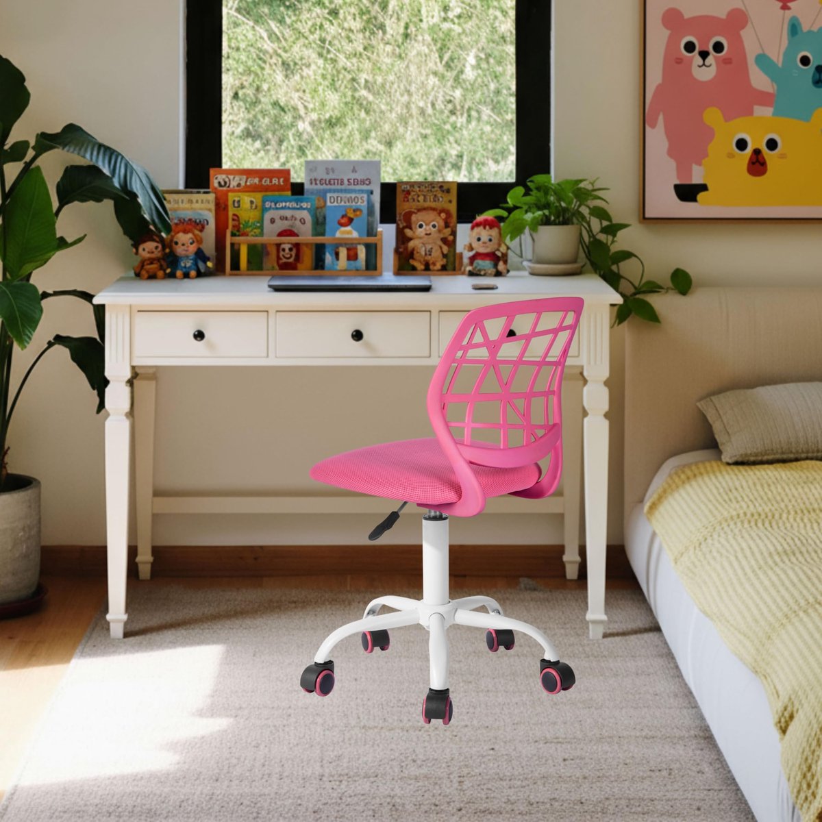 SnelShoppen - Ergonomische Kinderstoel Hoogte Verstelbaar - Kleurige Draaistoel met Rugleuning en Armleuningen voor Bureau - Voor Kinderen van 3-10 Ja