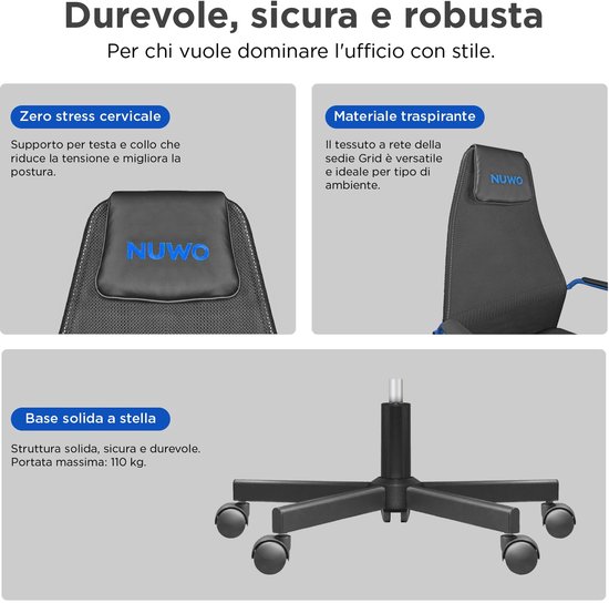 SnelShoppen - Nuwo Grid Gamingstoel Draaibaar Ergonomisch Hoogte Verstelbaar Bureau- en Bureaustoel Ademend Blauw 110 kg van snelshoppen — afbeelding 3