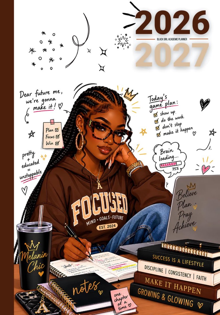 SnelShoppen - 2026-2027 Zwart Meisje Academische Planner | School, Hogeschool & Universiteit | August 26 – Juli 27 Dagboek met Motivational Quotes, We