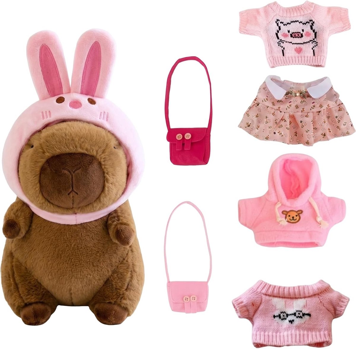 Pluche Capybara Knuffeldier 28 cm met Hoofddeksel en Kleding, Perfect als Verjaardagscadeau voor Kinderen en Dierenliefhebbers