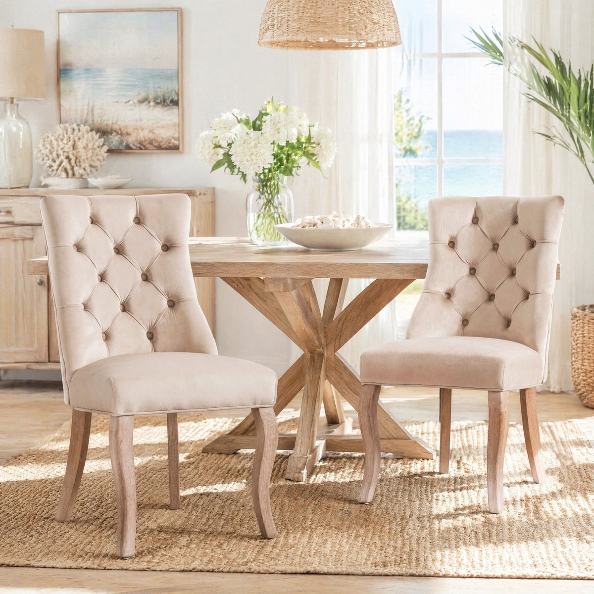 MEUNIQ eetkamerstoel set van 2 - 97 x 51 x 47 cm, hoge rugleuning, knoopgestoffeerde fluwelen zitting en houten poten voor eetkamer, beige